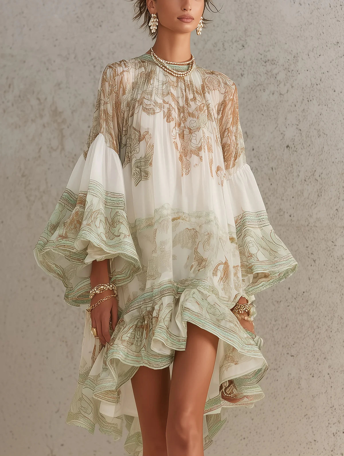 Green Print Ruffle Hem Flounce Sleeve Chiffon Mini Dress – Green | The Bellemont Sisters Australia