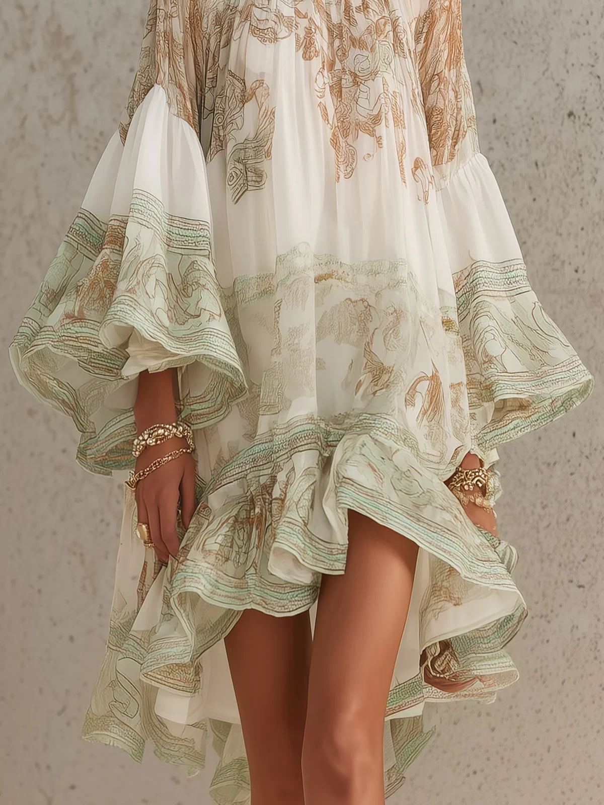 Green Print Ruffle Hem Flounce Sleeve Chiffon Mini Dress | The Bellemont Sisters Australia