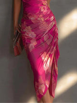 Fuchsia Floral Print Sleeveless Ruched Side Split Bodycon Dress | The Bellemont Sisters Australia