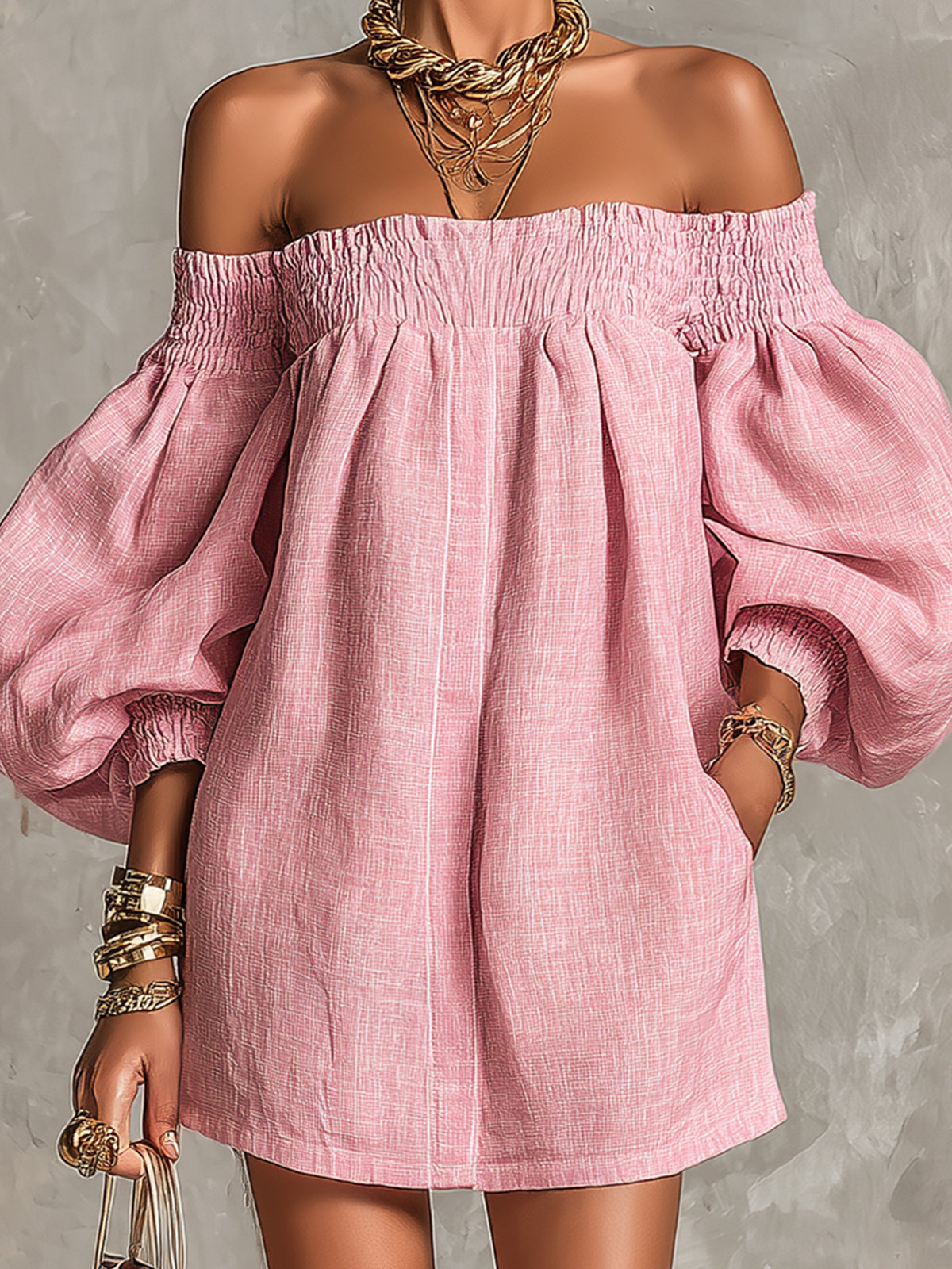 Pink Off-shoulder Lantern Sleeve A-line Loose Mini Dress | The Bellemont Sisters Australia