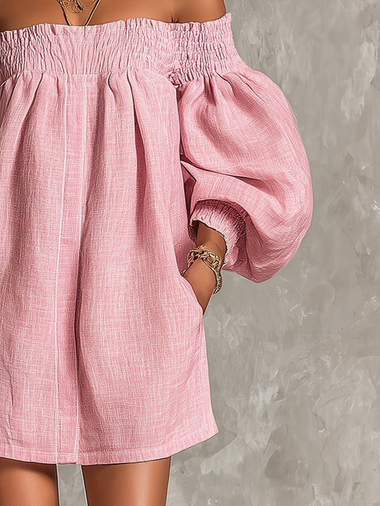 Pink Off-shoulder Lantern Sleeve A-line Loose Mini Dress | The Bellemont Sisters Australia