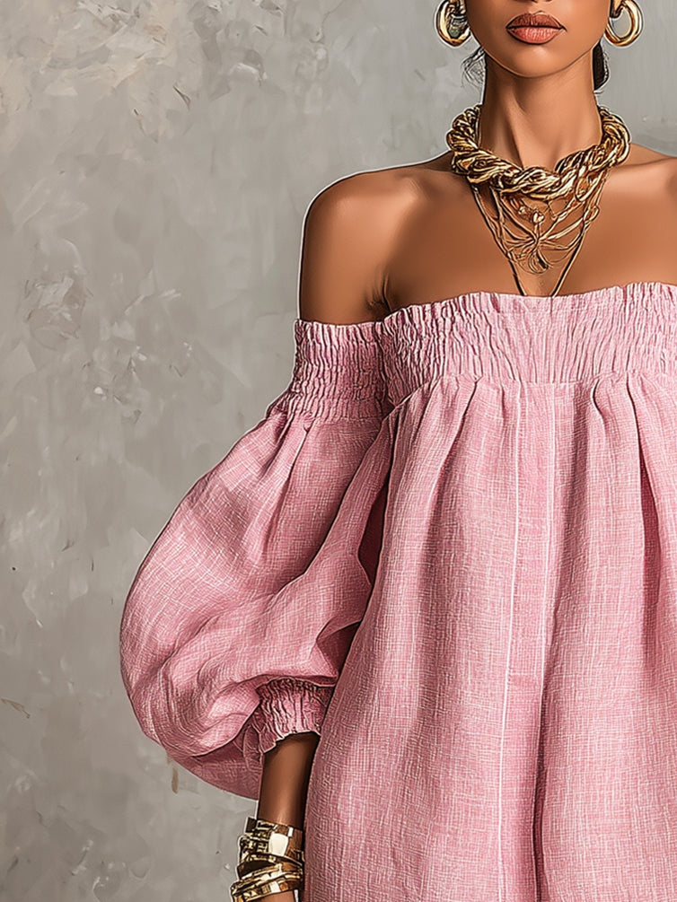 Pink Off-shoulder Lantern Sleeve A-line Loose Mini Dress | The Bellemont Sisters Australia