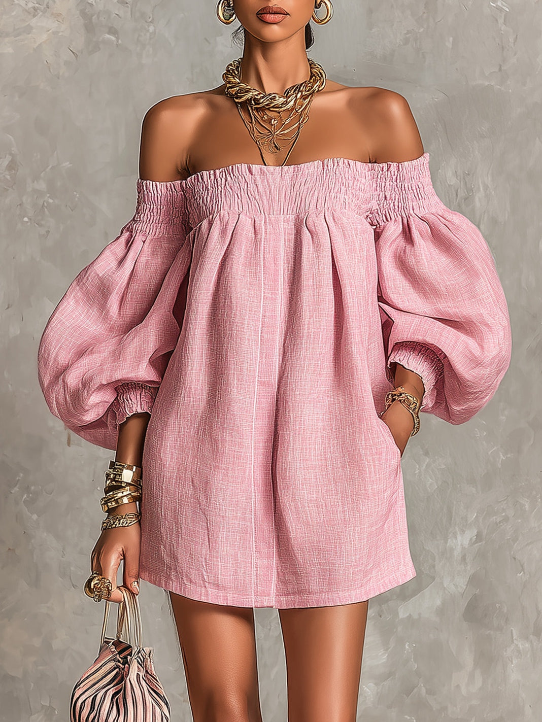 Pink Off-shoulder Lantern Sleeve A-line Loose Mini Dress – Pink | The Bellemont Sisters Australia