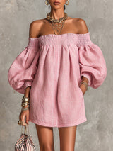 Pink Off-shoulder Lantern Sleeve A-line Loose Mini Dress – Pink | The Bellemont Sisters Australia
