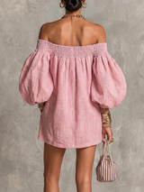 Pink Off-shoulder Lantern Sleeve A-line Loose Mini Dress | The Bellemont Sisters Australia