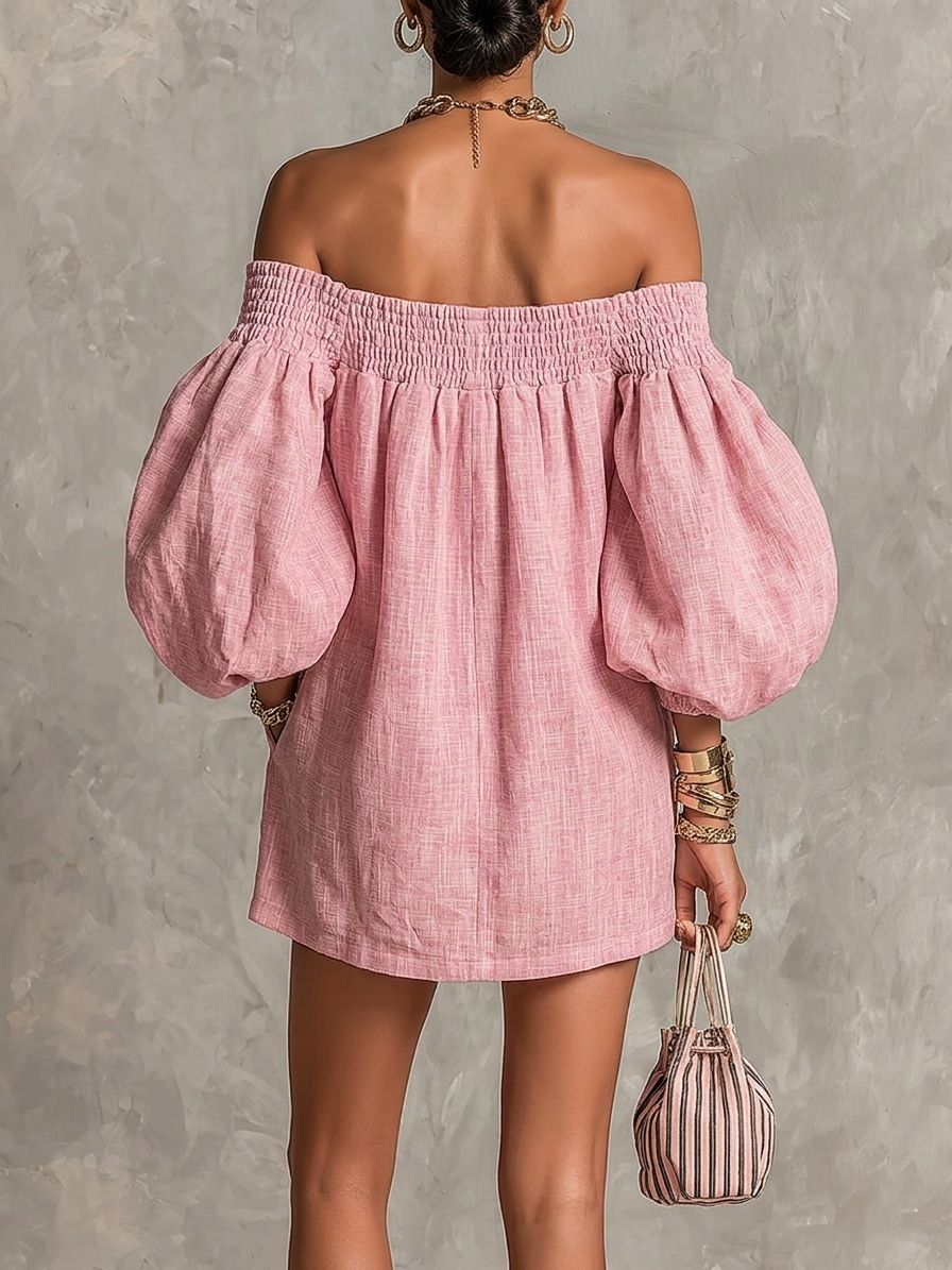 Pink Off-shoulder Lantern Sleeve A-line Loose Mini Dress | The Bellemont Sisters Australia