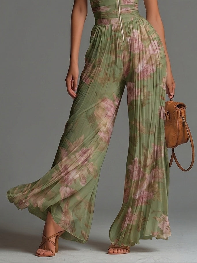 Green Floral V-neck Sleeveless Zip-up Pleated Wide-leg Chiffon Jumpsuit | The Bellemont Sisters Australia