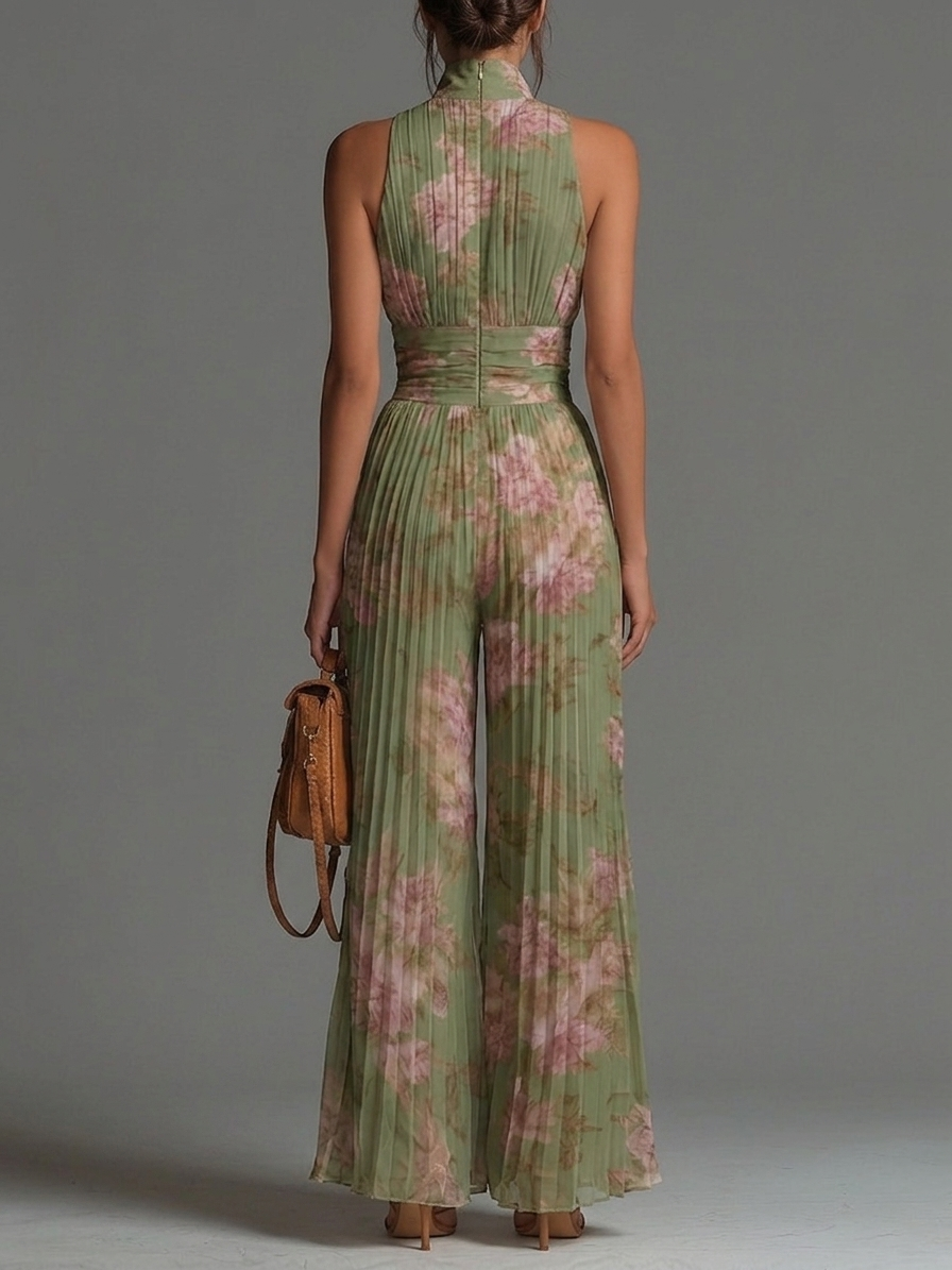 Green Floral V-neck Sleeveless Zip-up Pleated Wide-leg Chiffon Jumpsuit | The Bellemont Sisters Australia