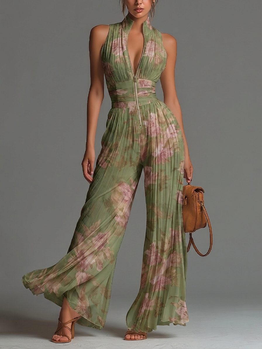 Green Floral V-neck Sleeveless Zip-up Pleated Wide-leg Chiffon Jumpsuit – Green | The Bellemont Sisters Australia
