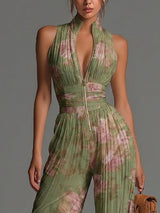 Green Floral V-neck Sleeveless Zip-up Pleated Wide-leg Chiffon Jumpsuit | The Bellemont Sisters Australia