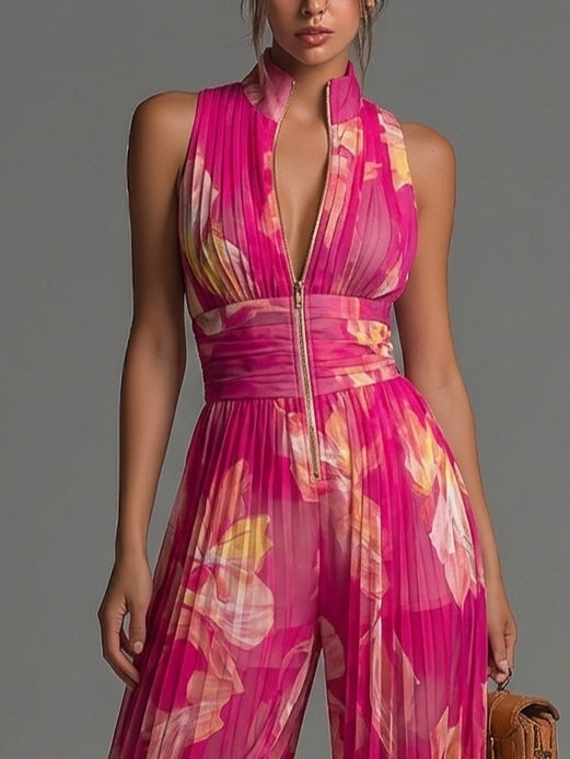 Zsófia Jumpsuit | Fuchsia Floral Pleated Chiffon | The Bellemont Sisters Australia