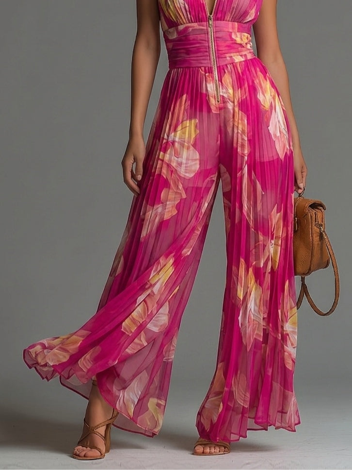 Zsófia Jumpsuit | Fuchsia Floral Pleated Chiffon | The Bellemont Sisters Australia