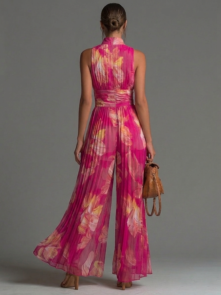 Zsófia Jumpsuit | Fuchsia Floral Pleated Chiffon | The Bellemont Sisters Australia