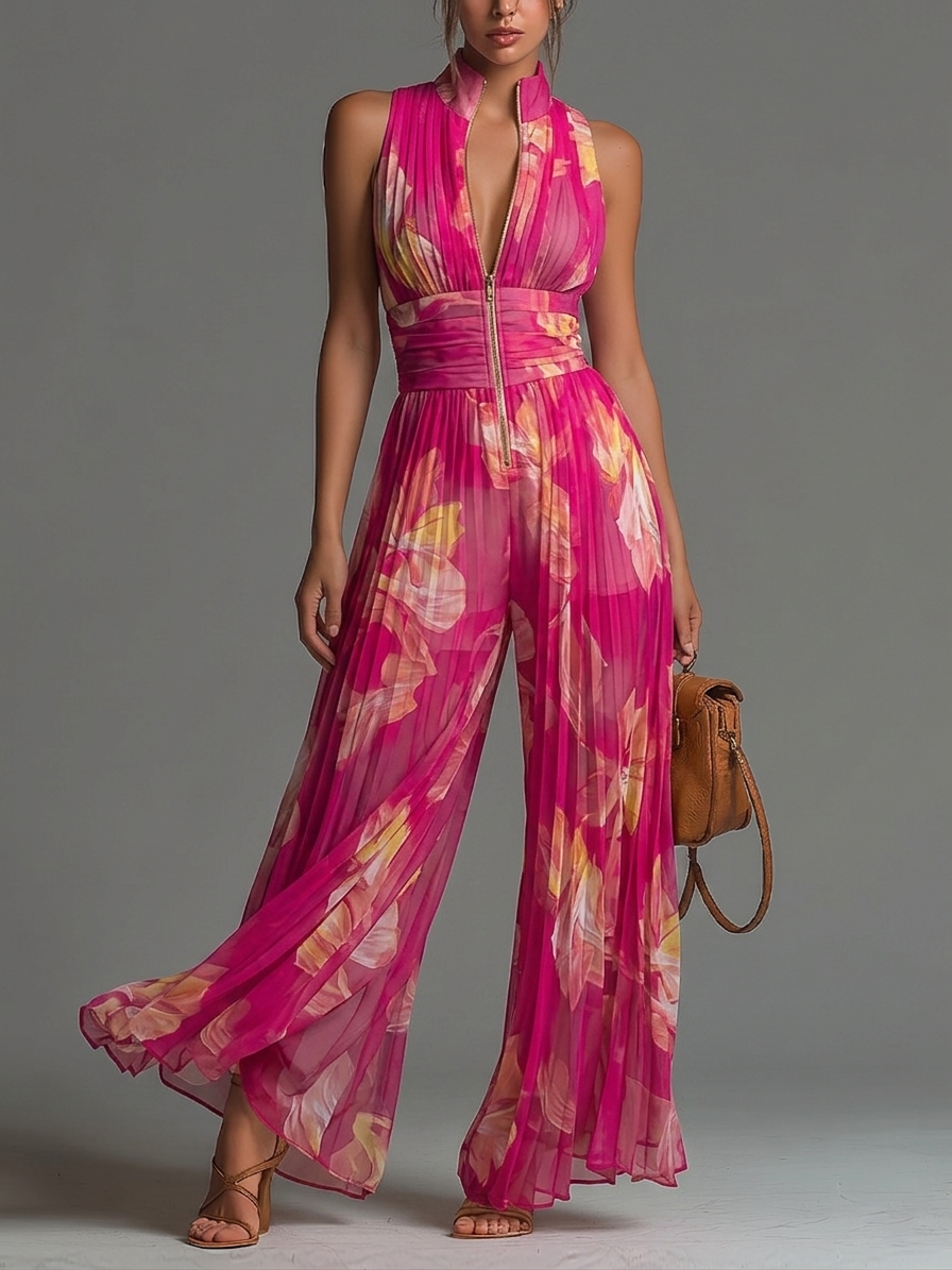 Zsófia Jumpsuit | Fuchsia Floral Pleated Chiffon – Fuchsia (Last pieces) | The Bellemont Sisters Australia