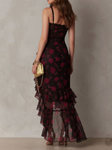 Chic Black And Red Floral Ruched Ruffle Hem Dress | The Bellemont Sisters Australia