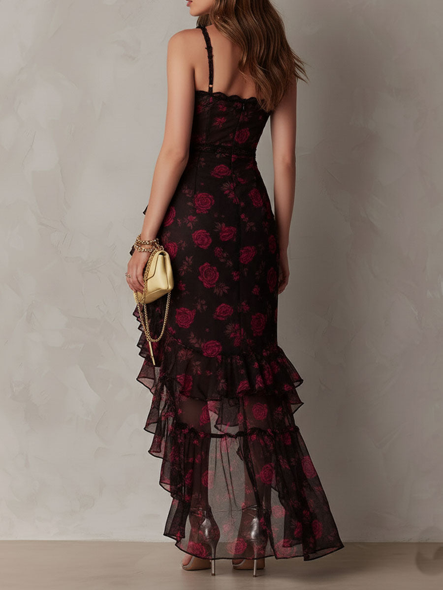 Chic Black And Red Floral Ruched Ruffle Hem Dress | The Bellemont Sisters Australia