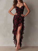 Chic Black And Red Floral Ruched Ruffle Hem Dress | The Bellemont Sisters Australia