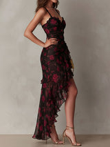 Chic Black And Red Floral Ruched Ruffle Hem Dress | The Bellemont Sisters Australia