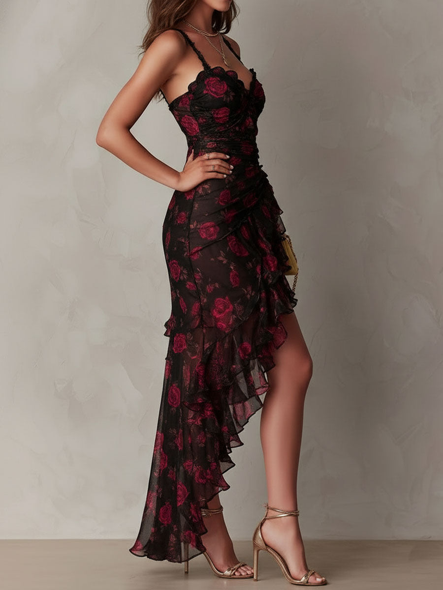 Chic Black And Red Floral Ruched Ruffle Hem Dress | The Bellemont Sisters Australia