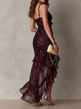 Chic Black And Red Floral Ruched Ruffle Hem Dress | The Bellemont Sisters Australia