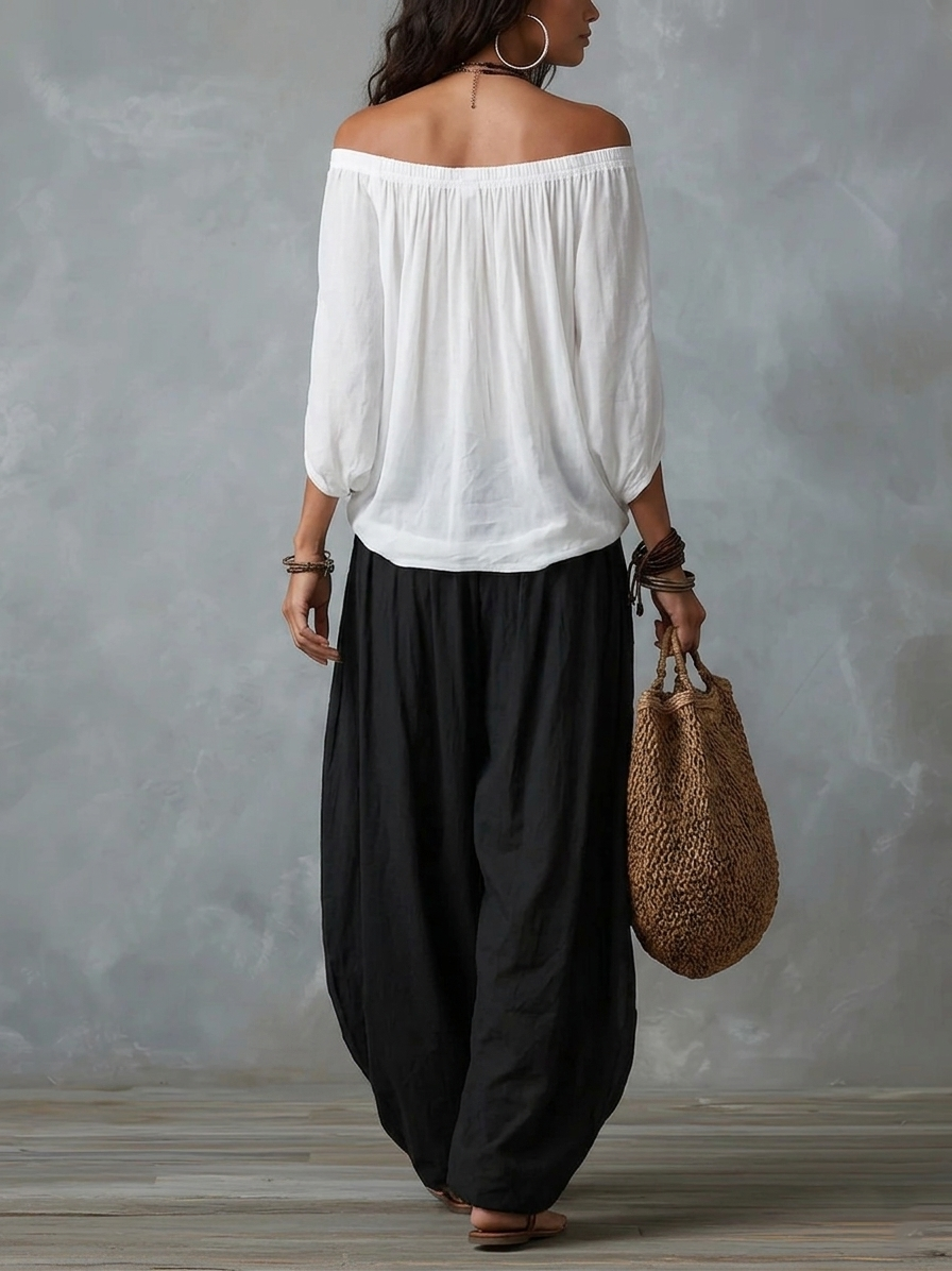 White Off-the-shoulder Top And Loose-fitting Lantern Pants Set | The Bellemont Sisters Australia