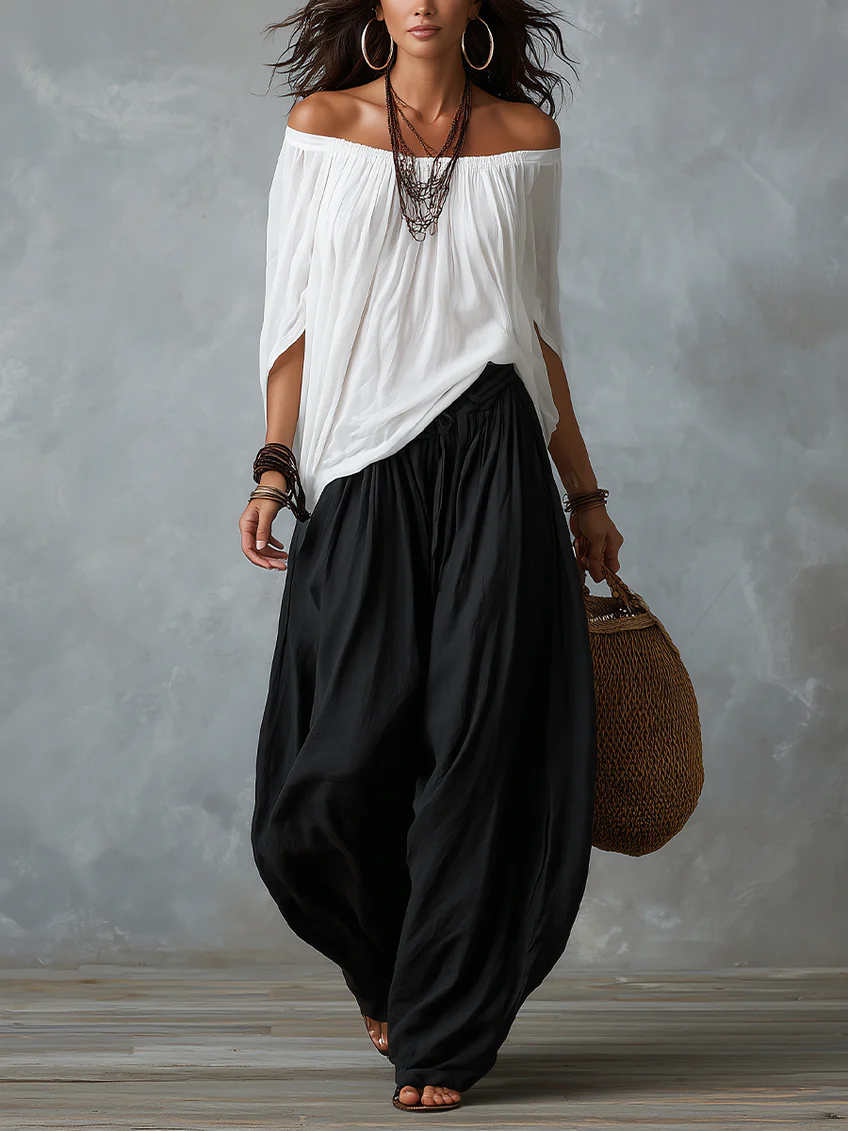 White Off-the-shoulder Top And Loose-fitting Lantern Pants Set – White | The Bellemont Sisters Australia