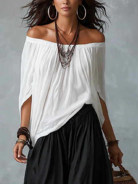 White Off-the-shoulder Top And Loose-fitting Lantern Pants Set | The Bellemont Sisters Australia