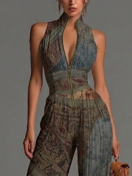 Bohemian Ethnic Print Sleeveless Zipper Pleated Wide-leg Chiffon Jumpsuit | The Bellemont Sisters Australia