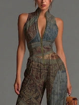 Bohemian Ethnic Print Sleeveless Zipper Pleated Wide-leg Chiffon Jumpsuit | The Bellemont Sisters Australia