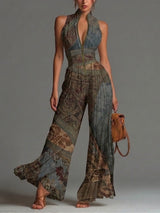 Bohemian Ethnic Print Sleeveless Zipper Pleated Wide-leg Chiffon Jumpsuit – Gray Blue | The Bellemont Sisters Australia