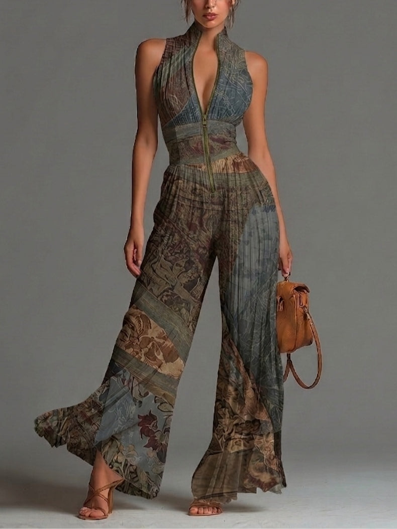 Bohemian Ethnic Print Sleeveless Zipper Pleated Wide-leg Chiffon Jumpsuit – Gray Blue | The Bellemont Sisters Australia