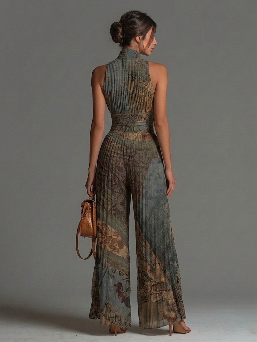 Bohemian Ethnic Print Sleeveless Zipper Pleated Wide-leg Chiffon Jumpsuit | The Bellemont Sisters Australia
