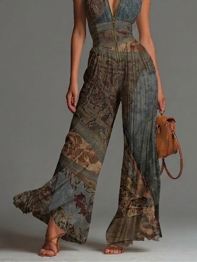 Bohemian Ethnic Print Sleeveless Zipper Pleated Wide-leg Chiffon Jumpsuit | The Bellemont Sisters Australia