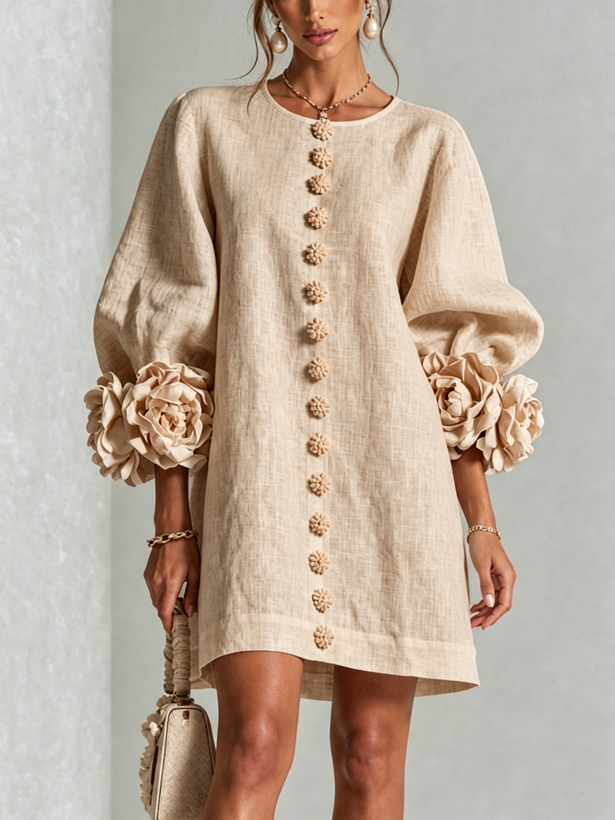 Floral Button-down Mini Dress With Striking Floral Cuffs – Beige | The Bellemont Sisters Australia