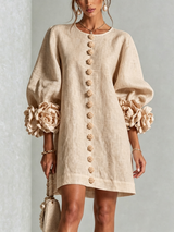 Floral Button-down Mini Dress With Striking Floral Cuffs – Beige | The Bellemont Sisters Australia