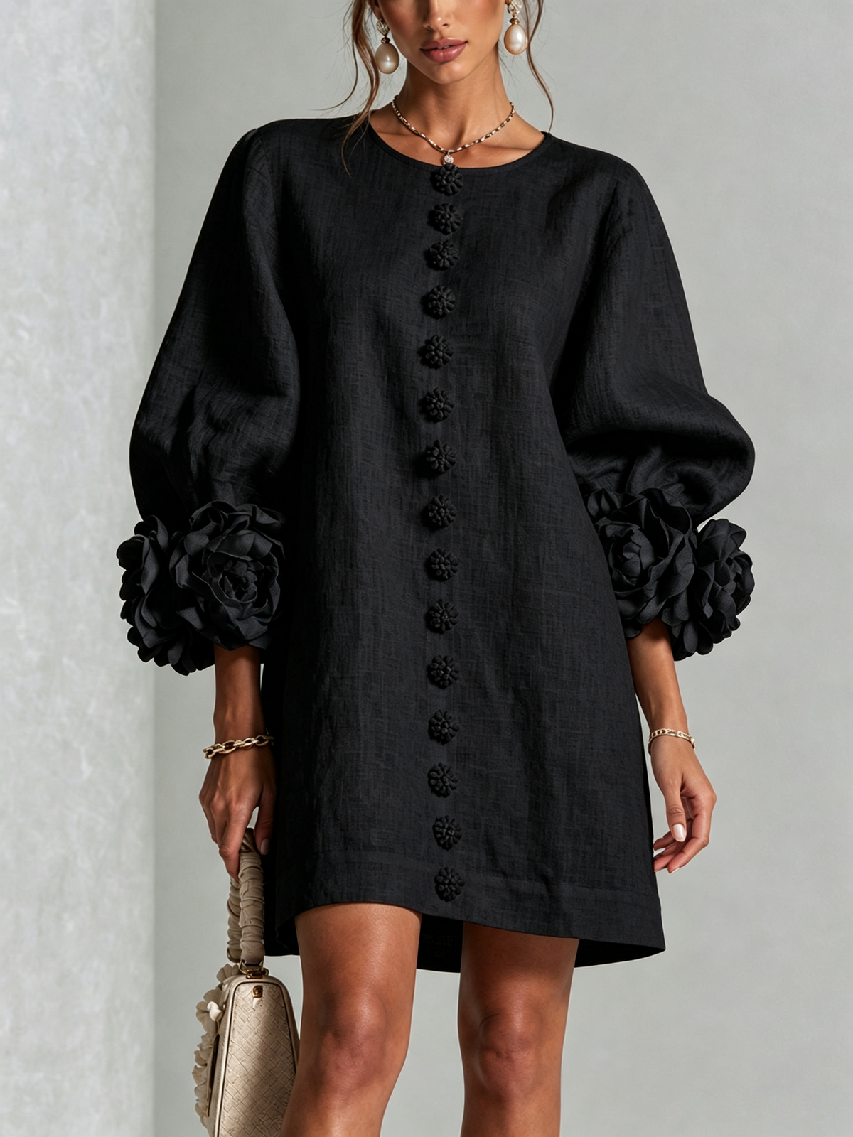 Floral Button-down Mini Dress With Striking Floral Cuffs – Black | The Bellemont Sisters Australia