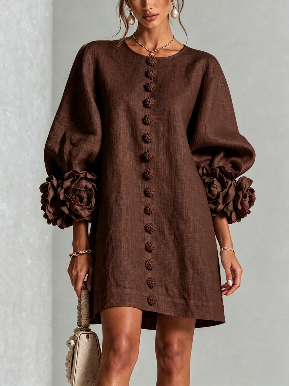 Floral Button-down Mini Dress With Striking Floral Cuffs – Brown | The Bellemont Sisters Australia
