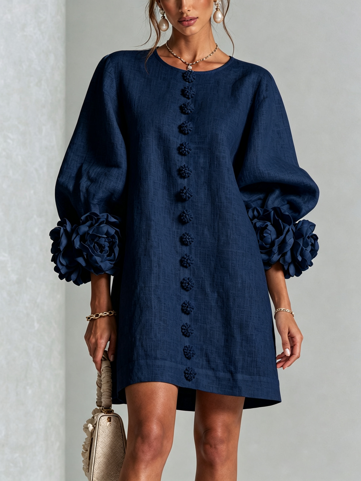 Floral Button-down Mini Dress With Striking Floral Cuffs – Navy | The Bellemont Sisters Australia