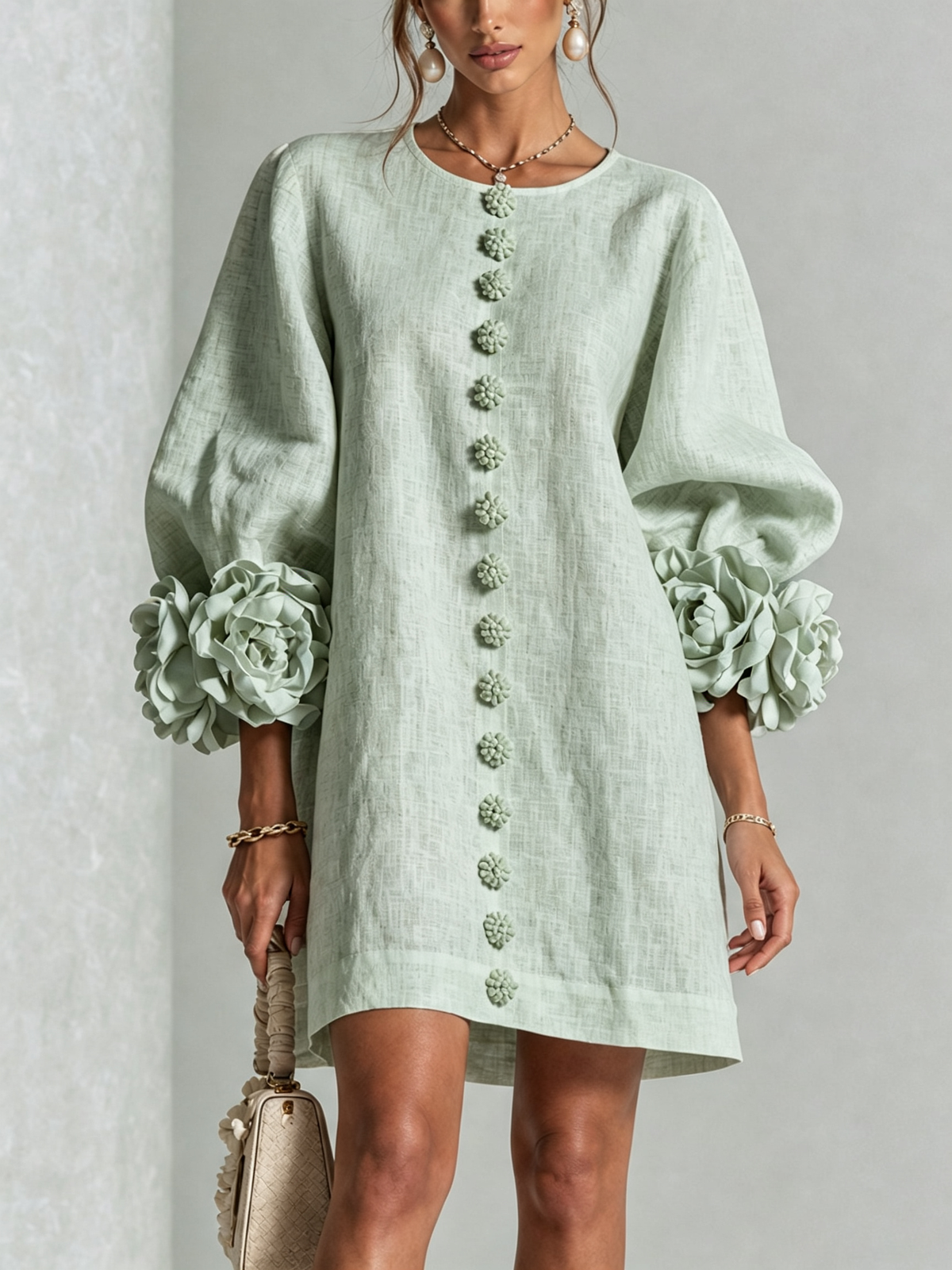 Floral Button-down Mini Dress With Striking Floral Cuffs – Sage Mist | The Bellemont Sisters Australia