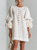 Floral Button-down Mini Dress With Striking Floral Cuffs – White | The Bellemont Sisters Australia