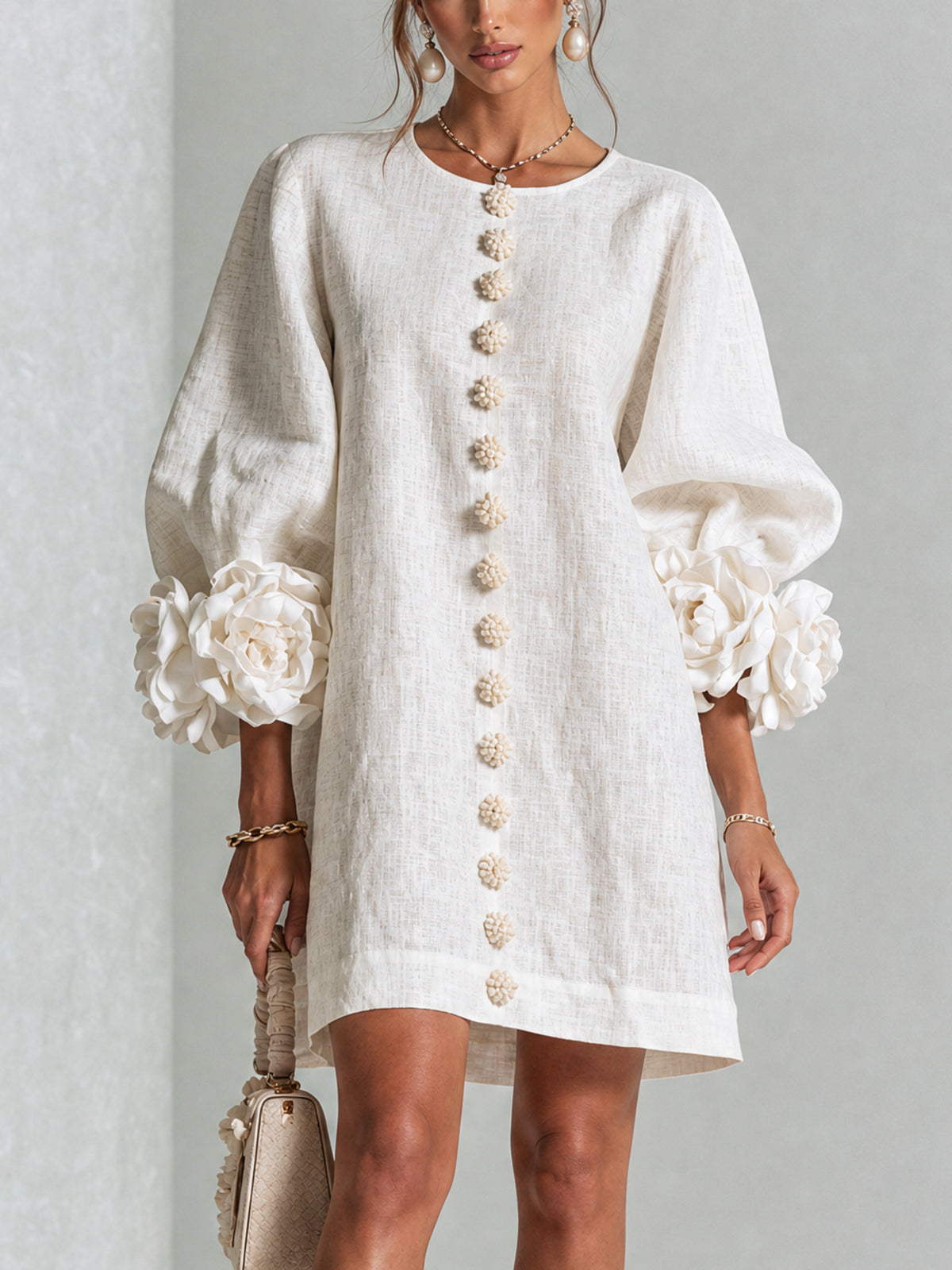 Floral Button-down Mini Dress With Striking Floral Cuffs – White | The Bellemont Sisters Australia