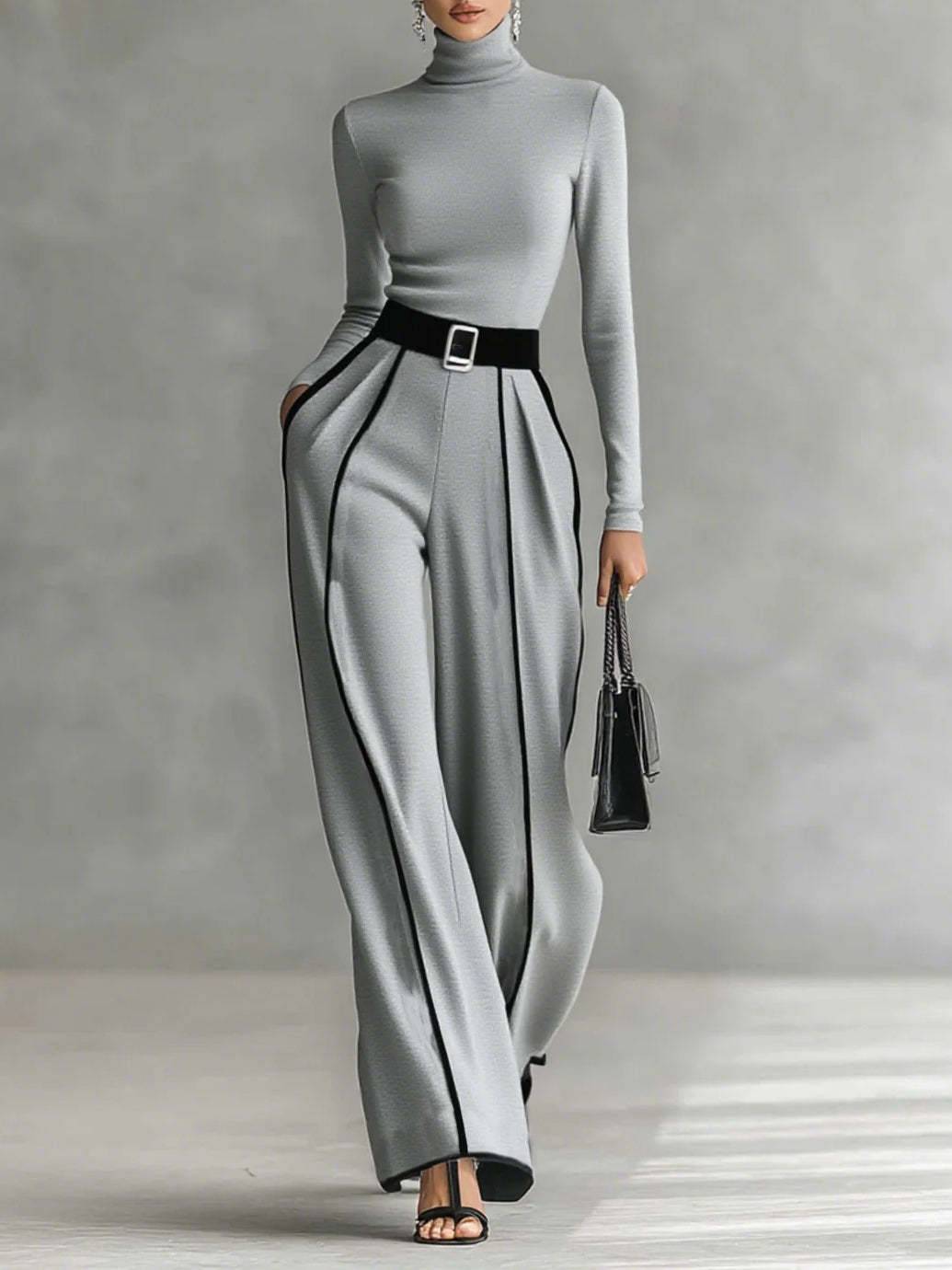 Solana - Long Sleeve Turtleneck and Wide Leg Pants Set with Belt – Gray | The Bellemont Sisters Australia