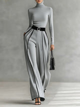 Solana - Long Sleeve Turtleneck and Wide Leg Pants Set with Belt – Gray | The Bellemont Sisters Australia