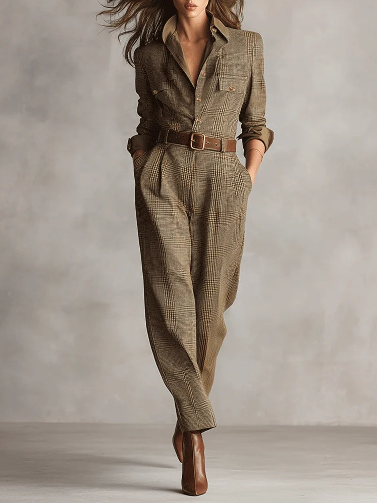 Anna™ | elegant checkered jumpsuit – Brown | The Bellemont Sisters Australia