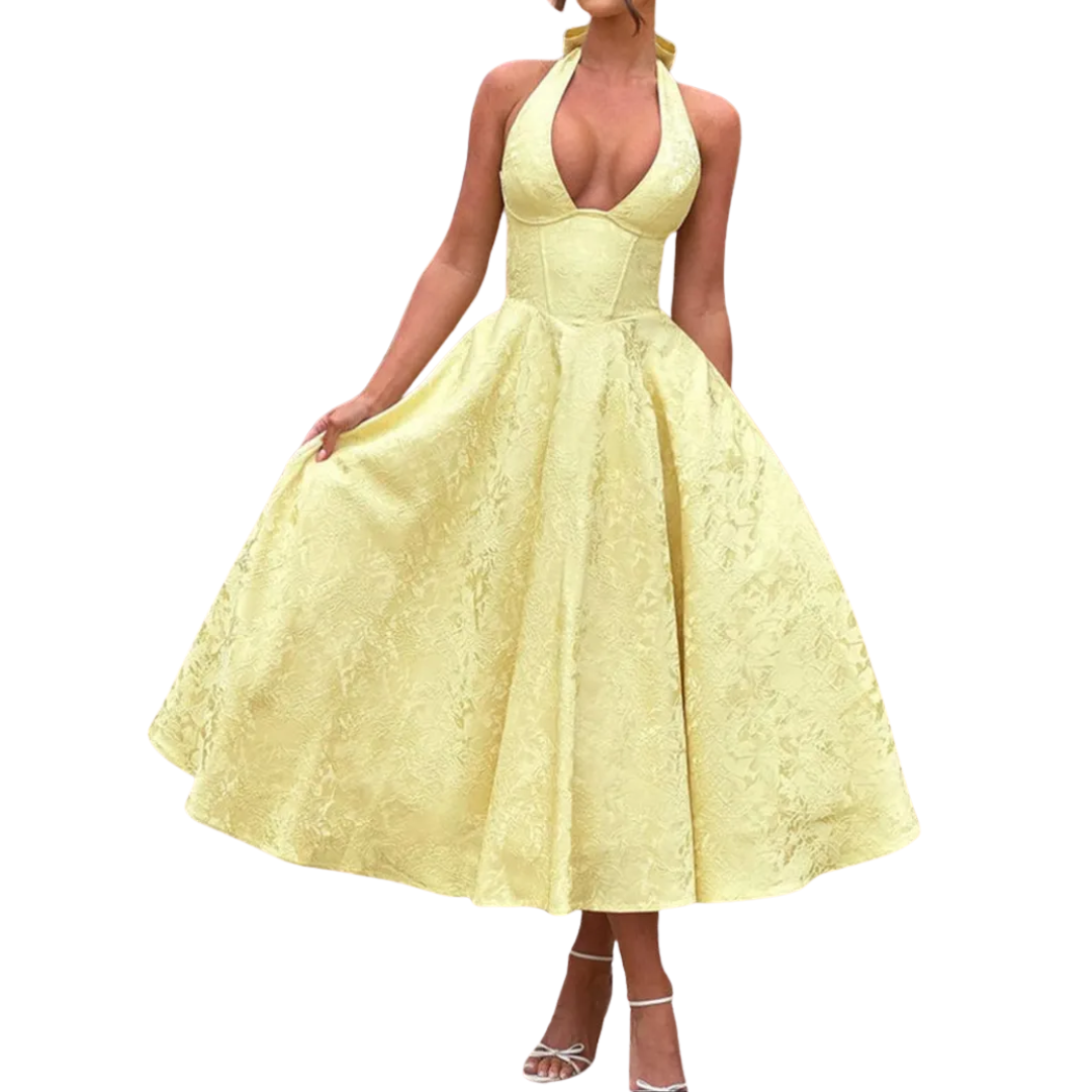 VIOLAINE™ – Embroidered Halter V-Neck Evening Dress – Yellow | The Bellemont Sisters Australia