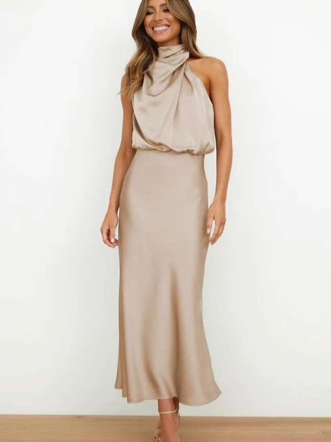 Faith | Women’s Chic Halter Evening Dress – Beige | The Bellemont Sisters Australia