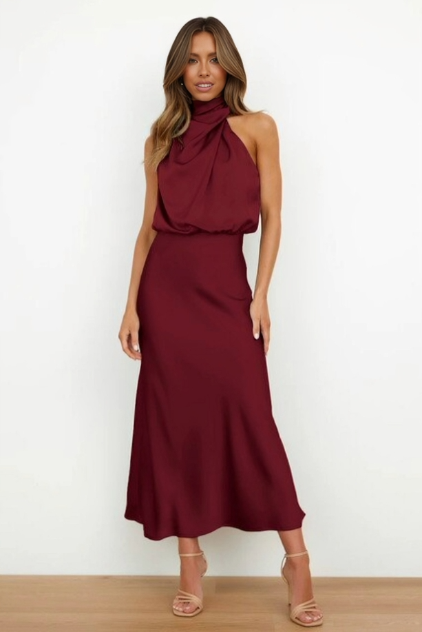 Faith | Women’s Chic Halter Evening Dress – Burgundy Red | The Bellemont Sisters Australia