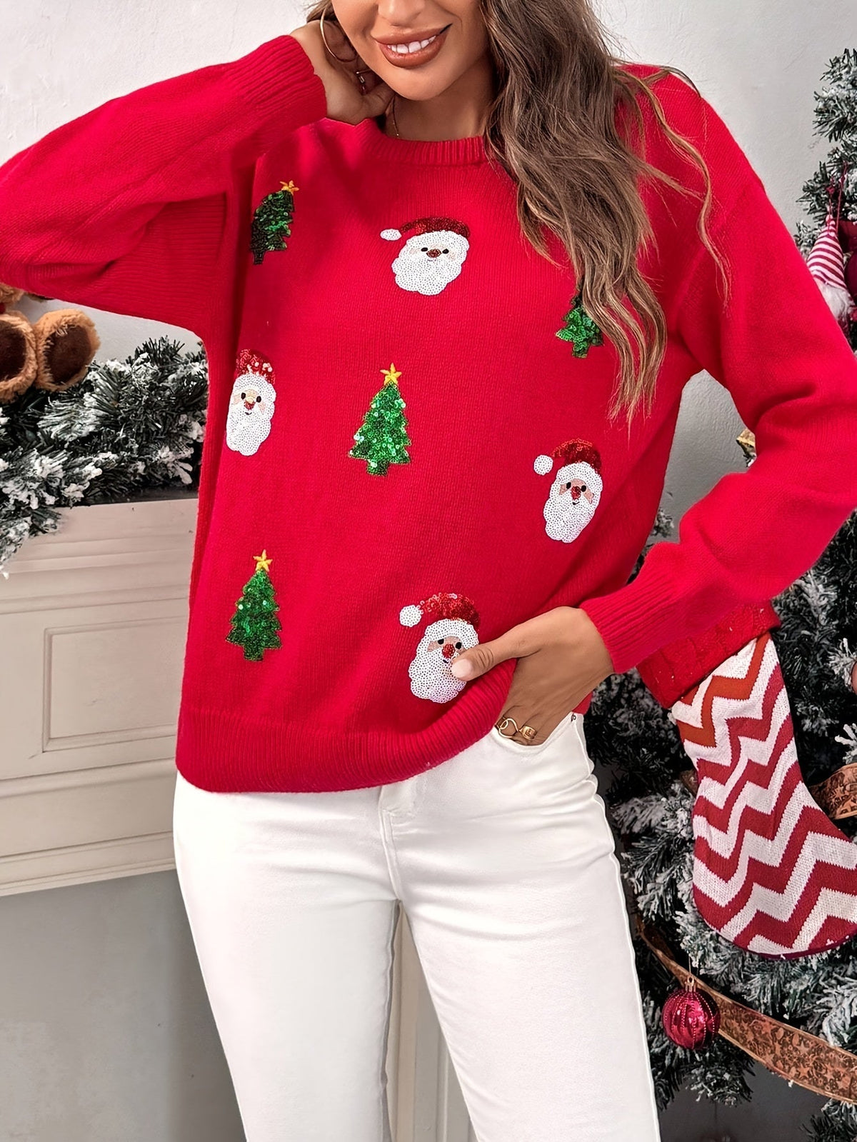 Easy Red Sequin Christmas Sweater for Women with Crew Neck Long Sleeve Sequin Santa Relaxed Fit Knit Style | The Bellemont Si