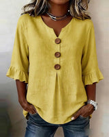 Janet | V-Neck Blouse with Wooden Buttons and Ruffled Sleeves – Yellow | The Bellemont Sisters Australia