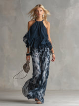 Ludovica | Stylish Navy Halter Top and Wide-Leg Printed Set | The Bellemont Sisters Australia